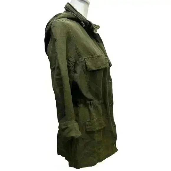DEARJOHN Military Green Linen Blend Utility Jacket Zip Snap Drawstring Hooded L - Picture 8 of 12